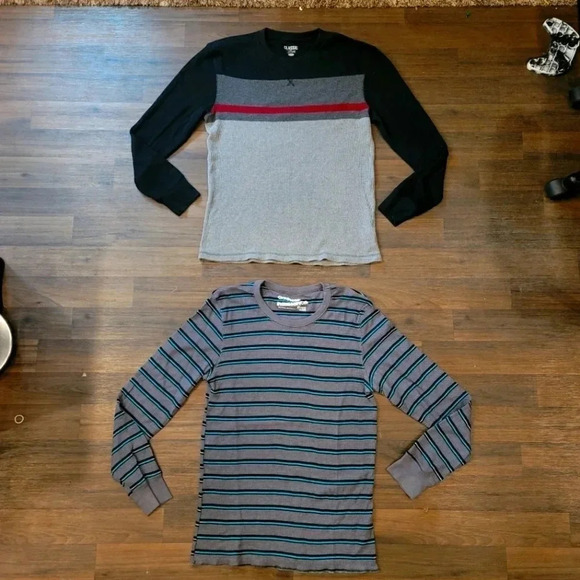 Lot of 2 MENS Waffle Thermal Shirt Crewneck Gray Blue Stripe M - Picture 1 of 7